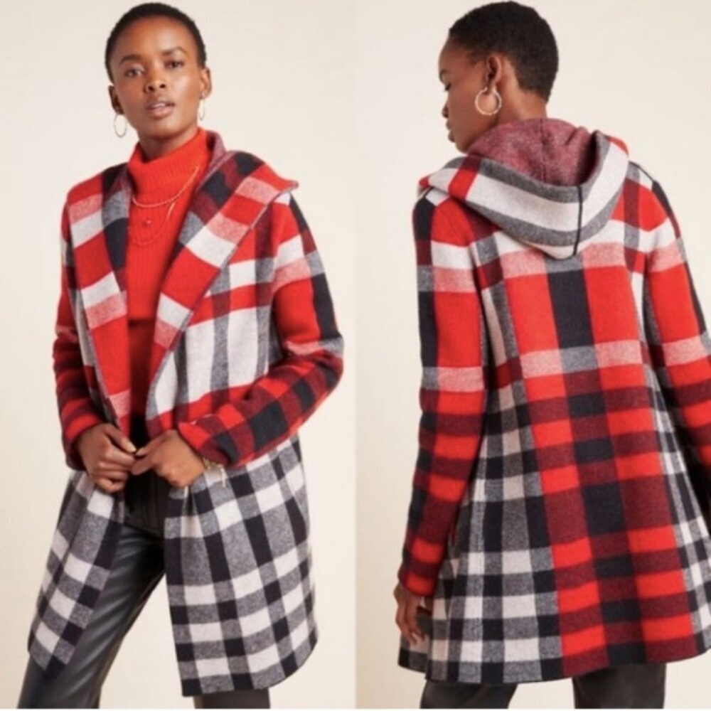 NWOT Anthropologie Field Flower Wool Plaid Sweater  Cardigan Hoodie Coat Sz XS - Picture 2 of 14